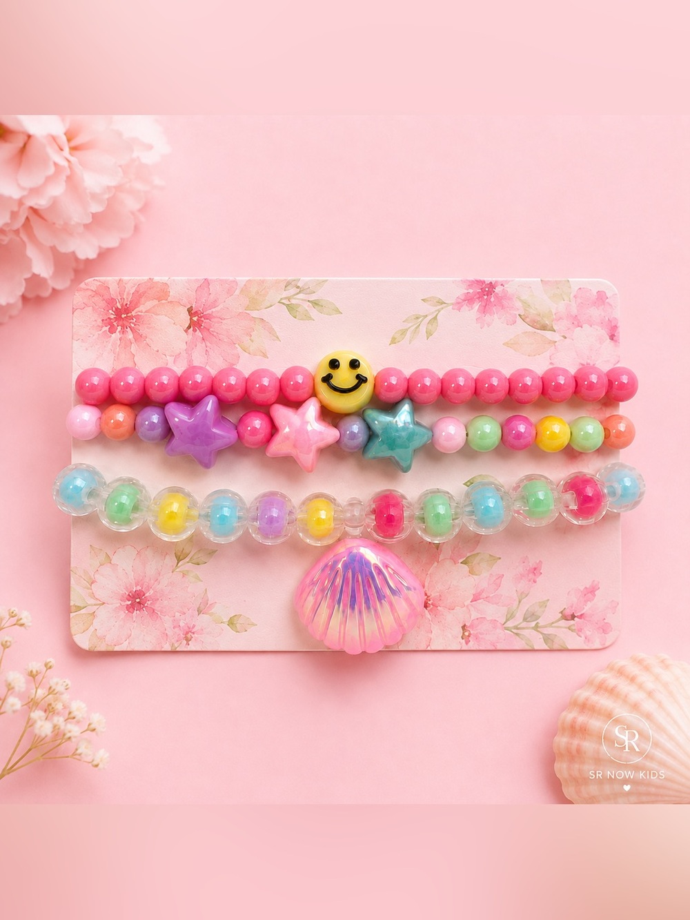 Mermaid Bracelet Set for Girls | Smiley Face & Shell Charm Stackable NEW